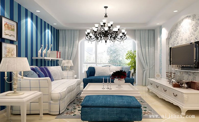 160平米蓝白色的纯净希腊地中海风格超大户型客厅装修效果图